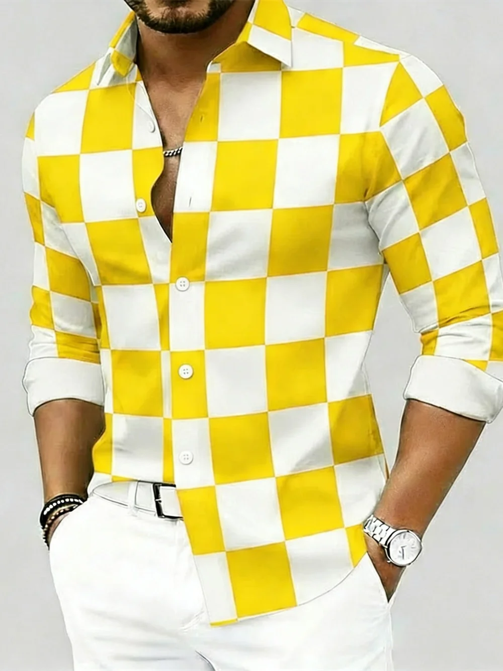 Men's Plus Size Long Sleeve Lapel Button Up Shirt High-Definition Checkered Print Stylish Comfortable Top