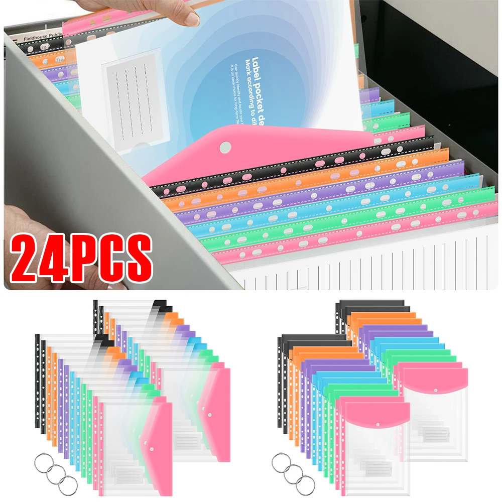 

24Pcs Clear Envelopes Binder Pocket Plastic Waterproof Office Binder Folder with 11 Holes Document Organize Tool for Home School
