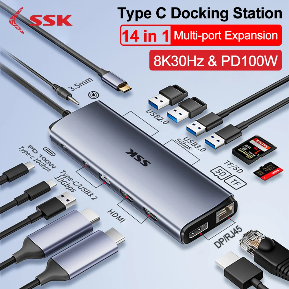 Imagem -02 - Usb tipo c para 4k Docking Station Ssk Hub Compatível com Hdmi dp Rj45 35 mm Jack sd tf Adaptador Usb 3.0 Macbook Laptop