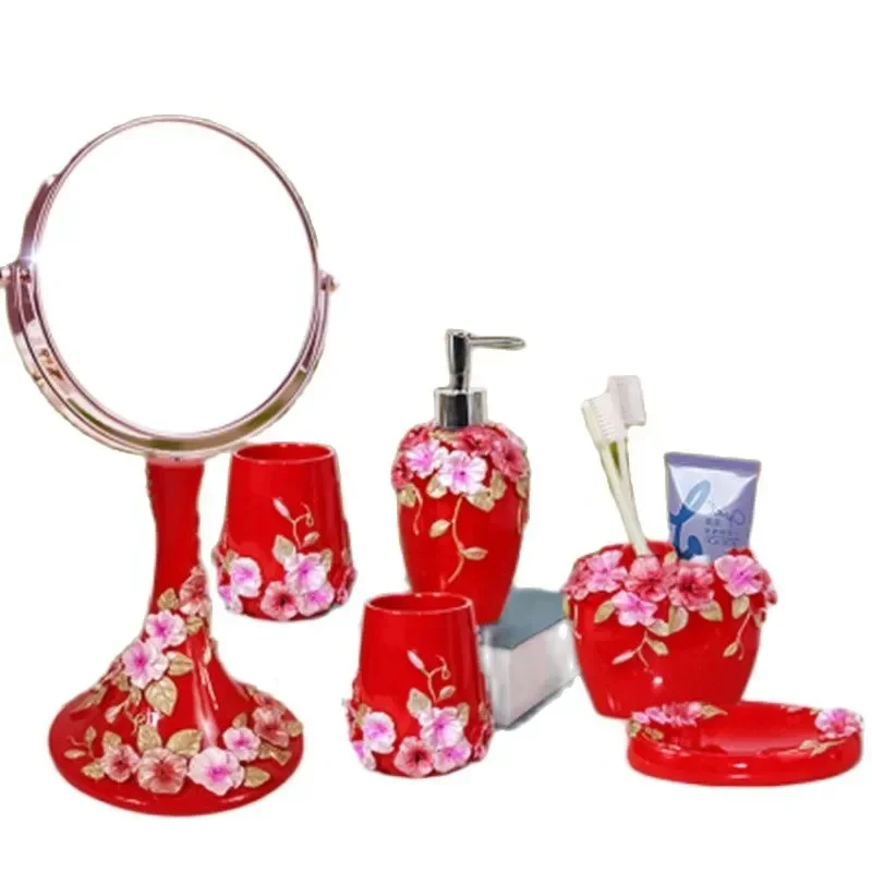 

Red Bathroom Accessories Set-Home Decor-Wedding Crafts-Make Up Storage Box-Bathroom Tray-Tissue Box-Toilet Brush Holder-Desktop