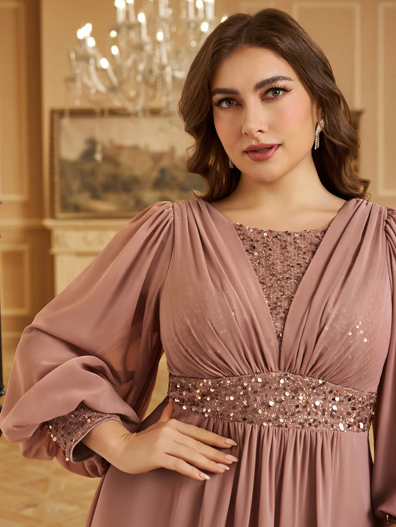 UNITHORSE بالإضافة إلى حجم الخامس الرقبة فانوس كم الترتر المرقعة الشيفون فستان السهرة الرسمية