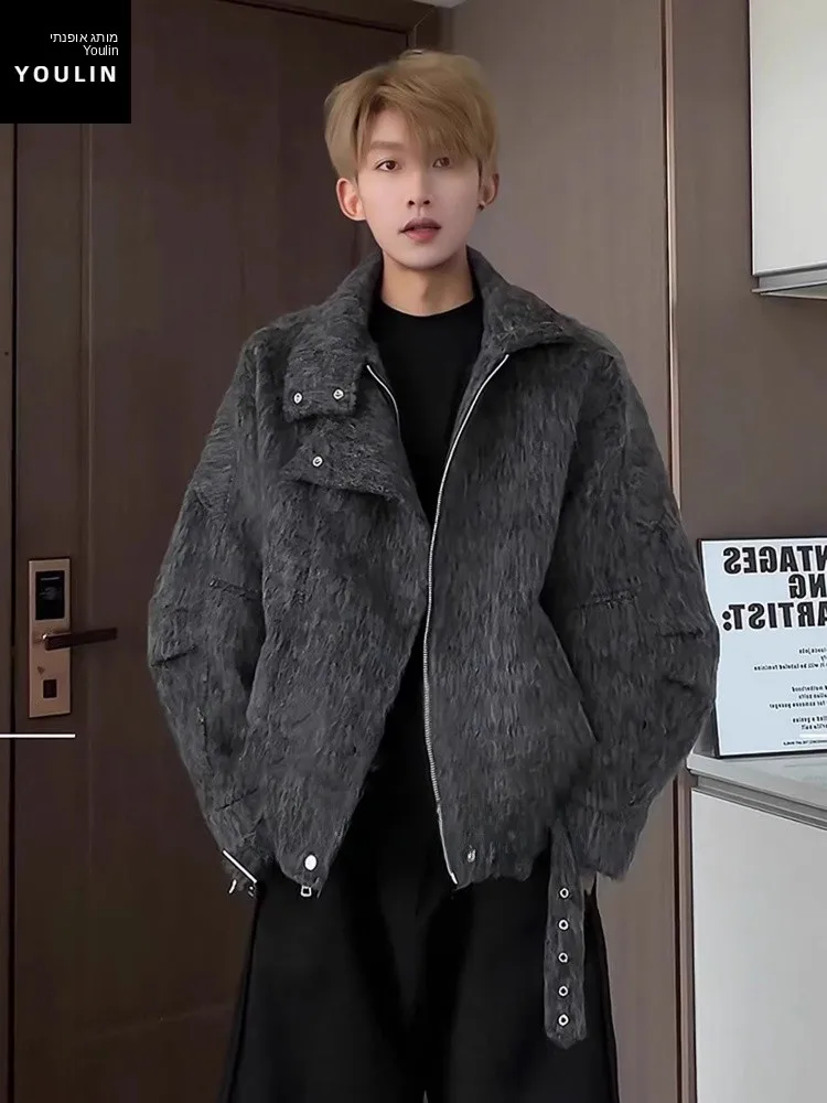 Korean Style Light Grey Short Thickened Woolen Jacket Men's Winter American Harlington Collar Thickened Outerwear Coat