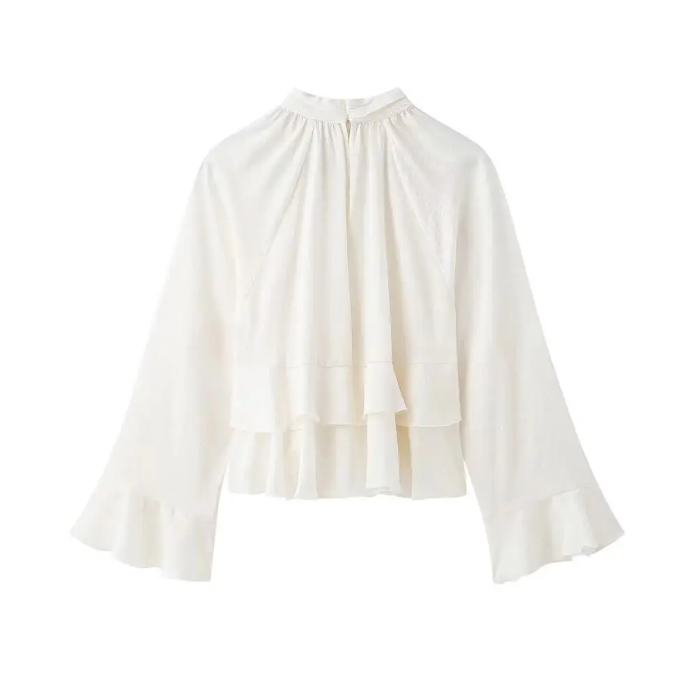 

2025 Loose Long Sleeve Shirt Decorative Layered Women Blouse Hot Girl Style Ruffled Crop Top