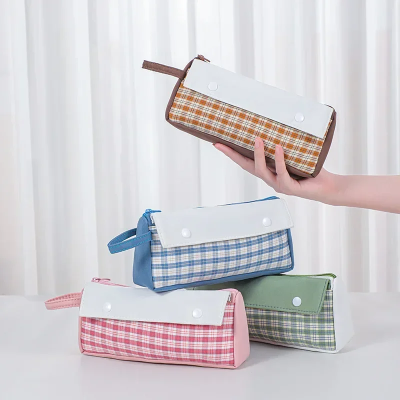 Комбинированный канцелярский пенал в японском стиле в свежем клетку, студенческий художественный ручной чехол для ручек с двойным ртом, сумка для хранения