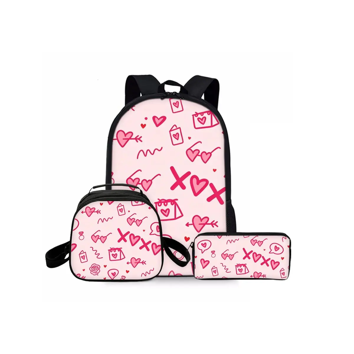 Doodle Heart Love Three Piece Set Backpacks for Boy/Girls Best Gifts 2D Cartoon Waterproof Fashionable School Bag for Children