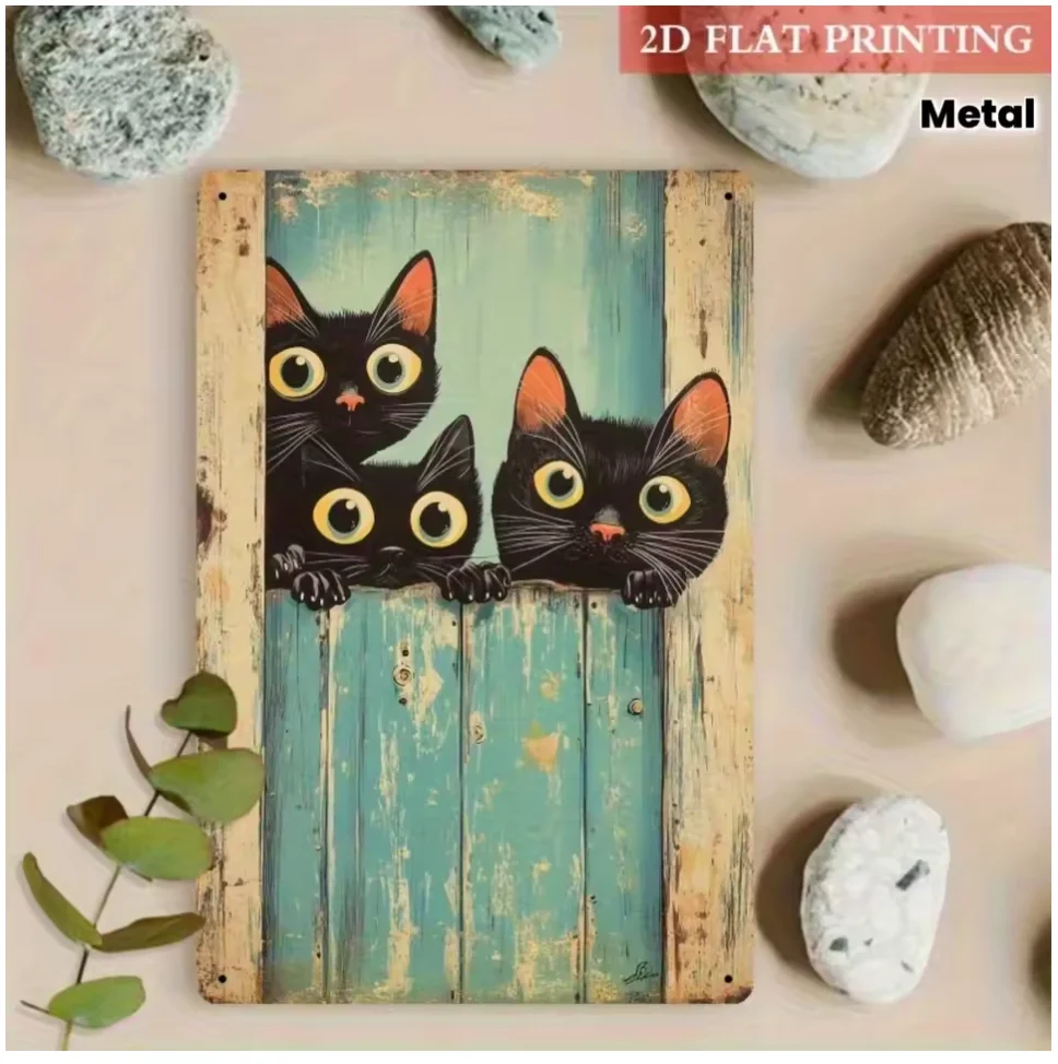 Three Peeking Black Cats Tin Sign – Fun Metal Wall Art for Pet Enthusiasts, Perfect for Fence or Room Decor, Unique Gift for Cat Lovers