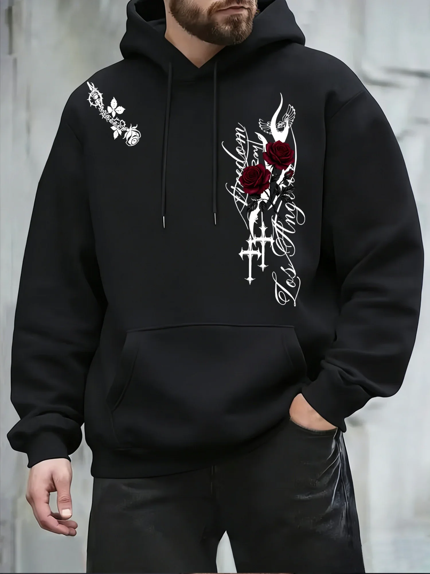Men Casual Hooded Sweatshirt Dark Gothic Rose Cross Vintage Script Graphic Autumn Winter Fleece Lined Loose Street Hoodie