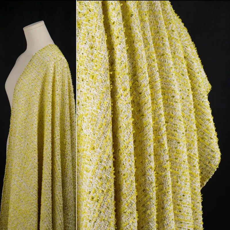 

Lemon Yellow Tassel Weaving Hanging Loose Structure Coarse Tweed Fabric, Small Fragrant Coat Fabric for Clothing