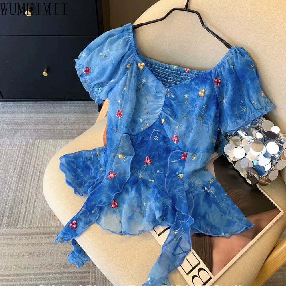 

2025 dopamine blue smudged floral shirt women's summer ruffle edge streamer shirt French bubble sleeve top