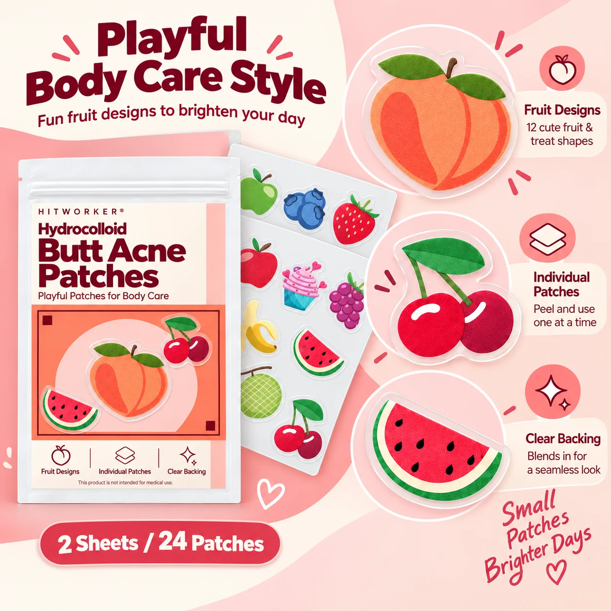24Pcs Hydrocolloid Butt Pimple Patch Cute Fruit Shape Body Patches Transparent Backing Waterproof Skin Care Stickers