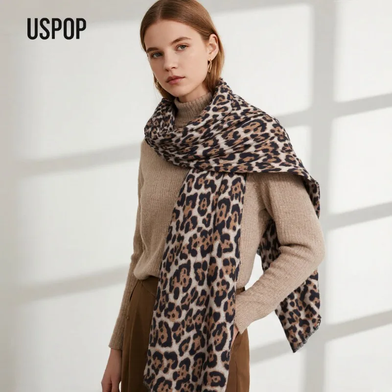 

USPOP New Autumn Winter Leopard Print Milk Fleece Scarf, Versatile Women’s Shawl Wrap Headscarf