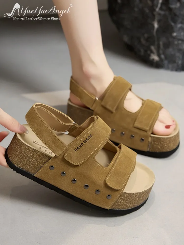 New Summer Casual Shoes Women Cow Suede Leather Solid Color Fashion Ladies Sandal Breathable Open Toe Hook Loop Platform Sandals