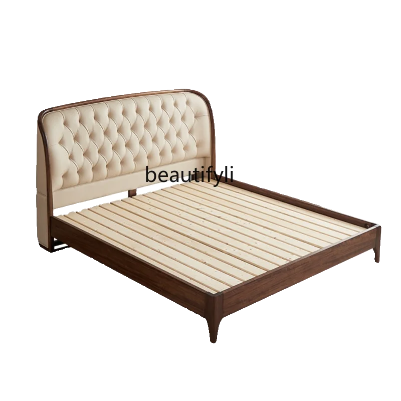 

Nordic black walnut 1.8 double bed Italian leather soft, solid wood Wedding All solid wood log bed