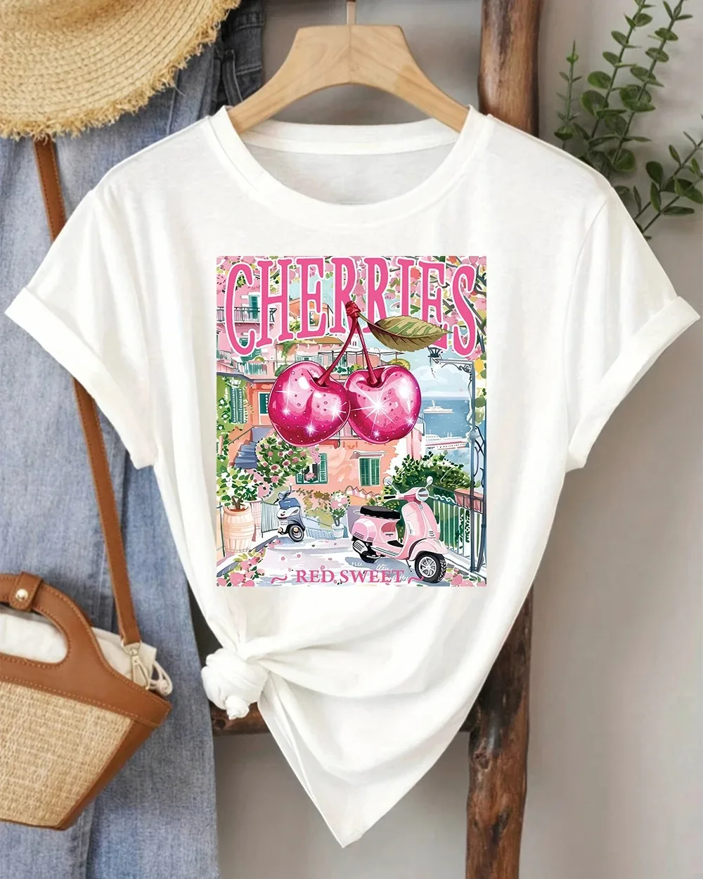 Modern Red Sweet Cherries T-Shirt Pink Scooter Graphic Print Short Sleeve White Tee Aesthetic Mediterranean Style Women Clothing