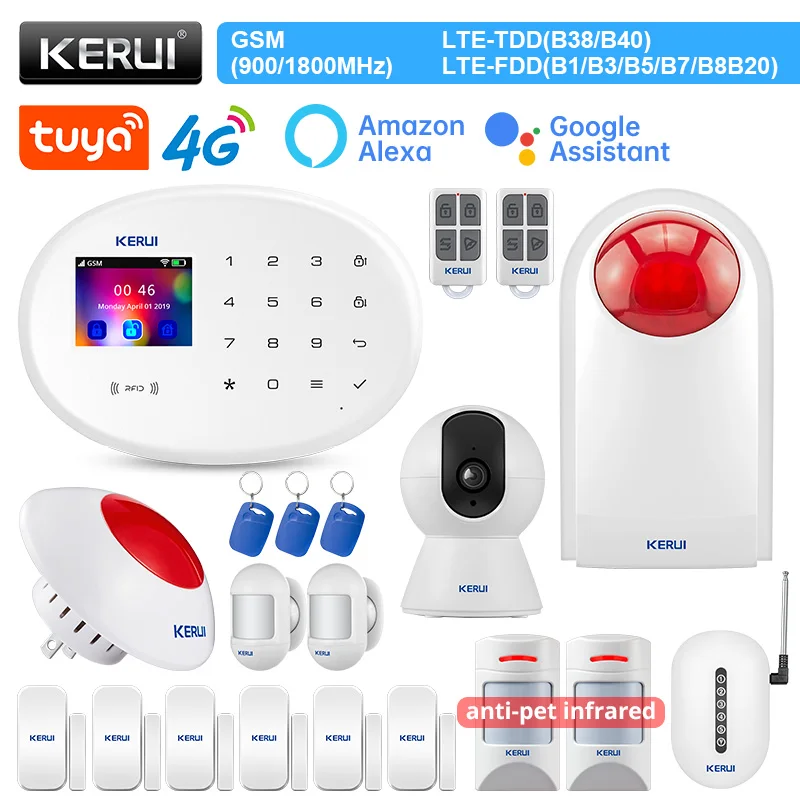 KERUI W204 Alarm System 4G WIFI GSM Tuya Smart 433MHz Wirelss Home Alarm Support Alexa Motion Sensor Door Sensor Sounder Siren