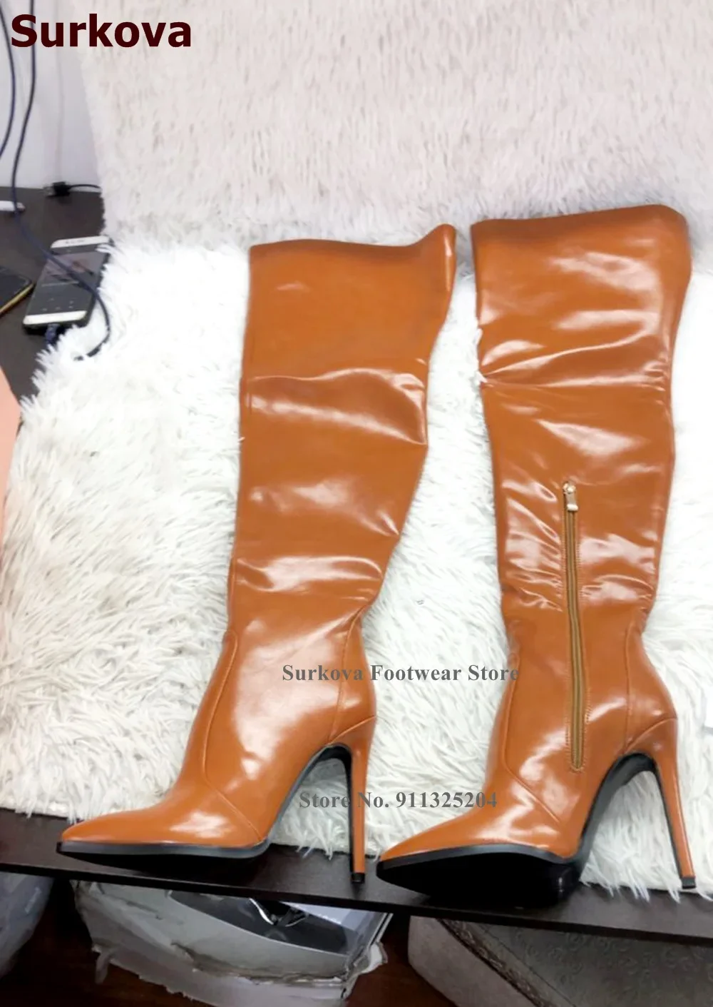 Surkova botas acima do joelho, design exclusivo, marrom fosco, salto alto fino, bico pontudo, coxa alta, mulheres, outono inverno, sapatos de passarela