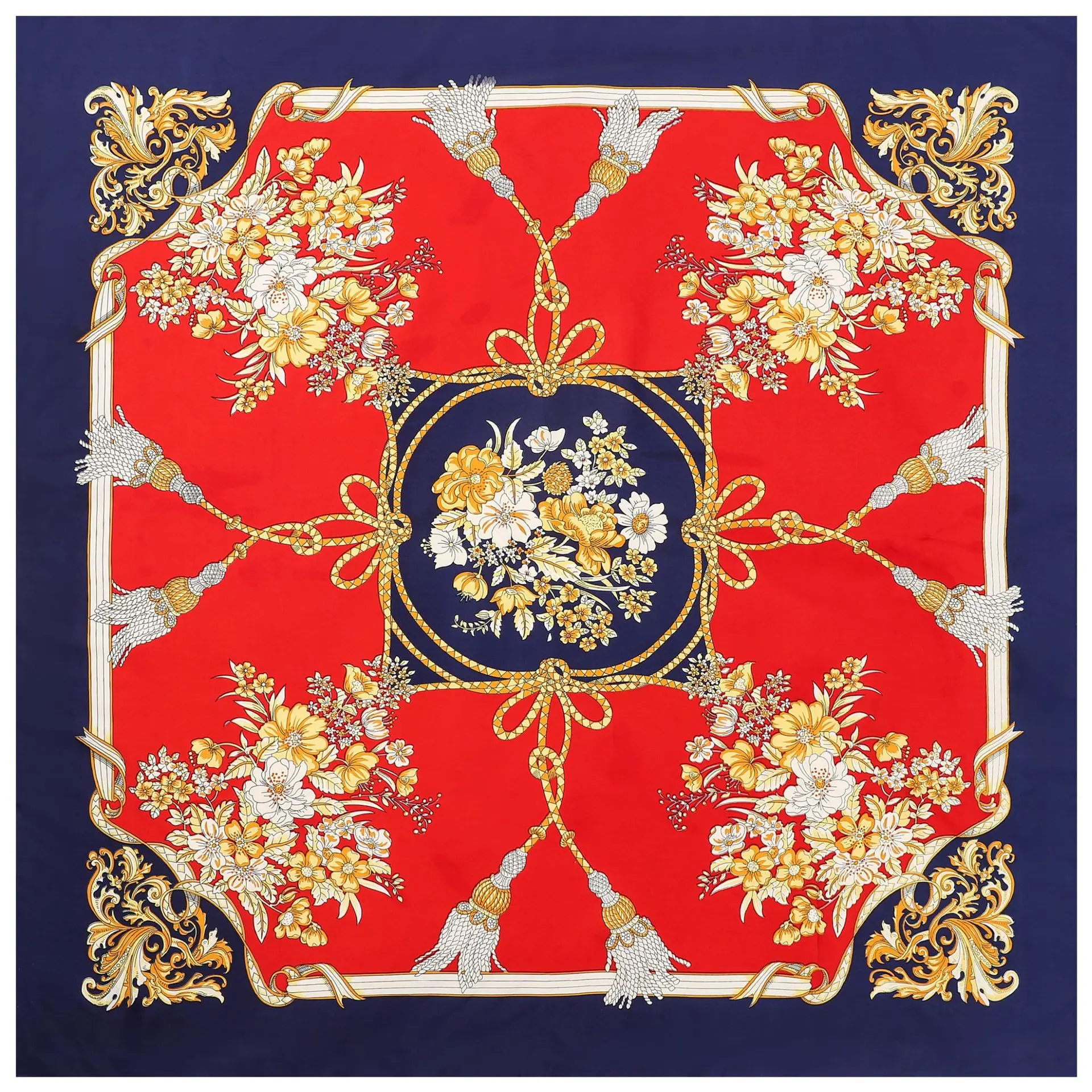 

130*130cm 100% Twill Silk Scarf Women Luxury Rope Flower Print Beach Shawl Square Bandana Femme Fourlard Echarpes Stoles
