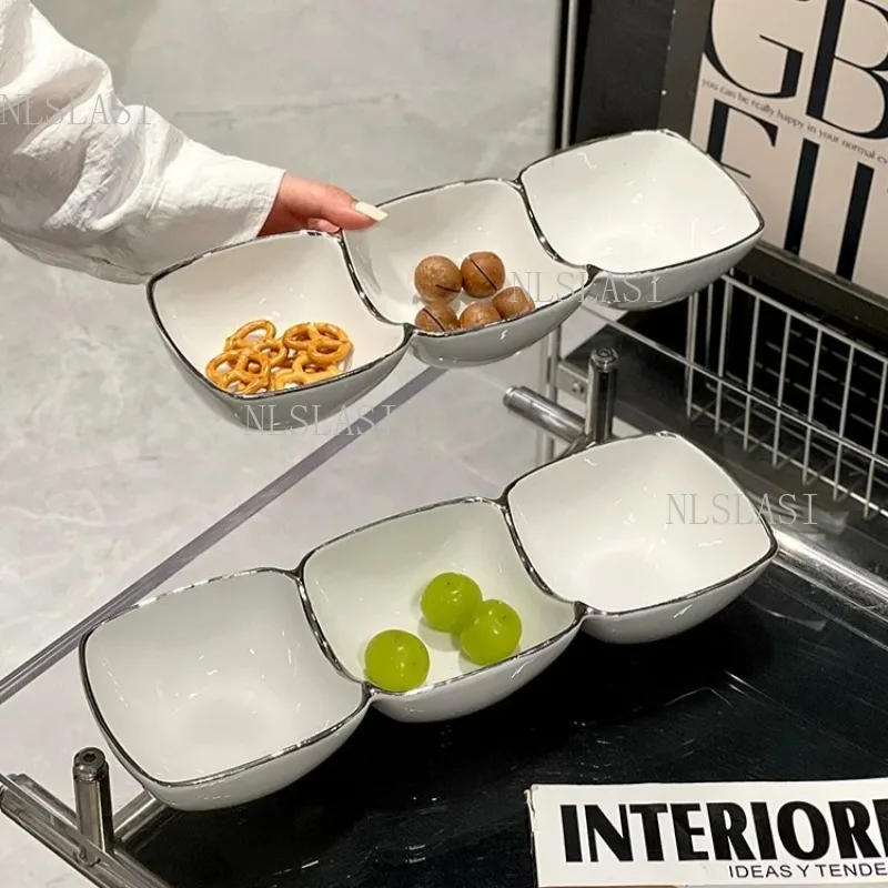 3 Connected Square Ceramic Snack Plate Silver Rim White Porcelain Divided Serving Dish For Nut Fruit Appetizer Home Table Decor