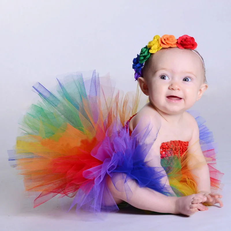 New Born Baby Girls Rainbow Tutu Dress+Headband For Photography Props Baby Girls 1st Birthday Princess Party Photo Shoot Dresses
