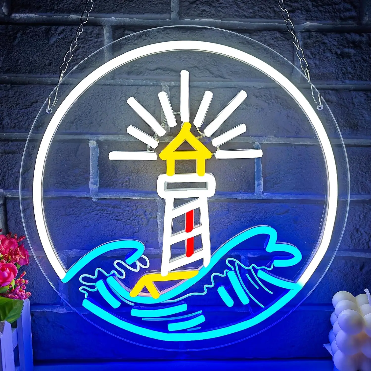 

Lighthouse Dimmable LED Neon Sign Sea Sunset Sunrise Neon Light for Man Cave Bedroom Bar Living Room Club Wall Decor for Gift