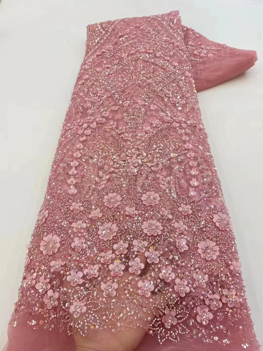 Luxury African Fabric Lace 5 Yards With Embroidery High Quality 2025 Pink Heavy Sequin French Beaded Lace Fabric For Sewing