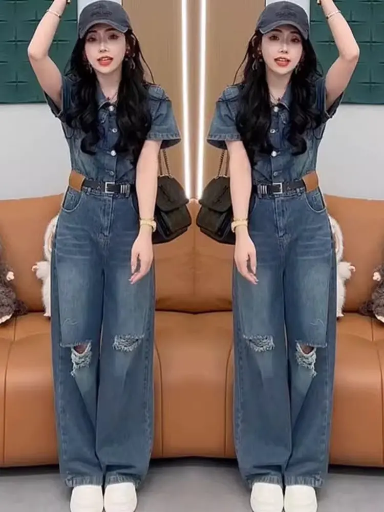 

Американские джинсы прямого кроя больших размеров, женские летние новые ретро-брюки с дырками, широкие брюки для полных женщин, для повседневной носки