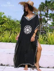 2023 Black Oversize V Neck Moroccan Kaftan Beach Dress Plus Size Women Summer Half Sleeve Side Split Midi Dresses Tunica Q643