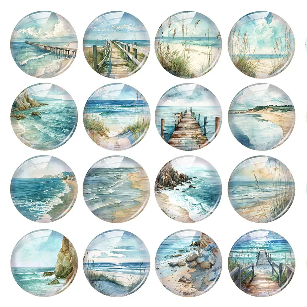 Random Mixed Round/Oval/Square Beach Pier Seaside Summer Travel Photo Glass Cabochon Flatback Demo Cameo For Diy Jewelry Making