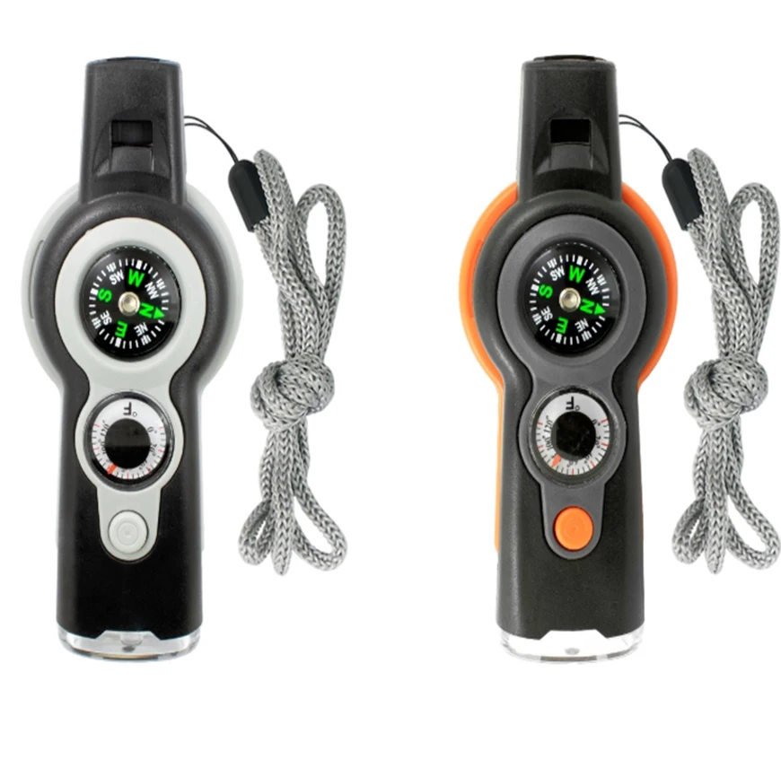 Outdoor Sport Camping Hiking 7-in-1 Multi-Function Outdoor Survival Whistle   LED Light Thermometer Compass  Durable Magnifier