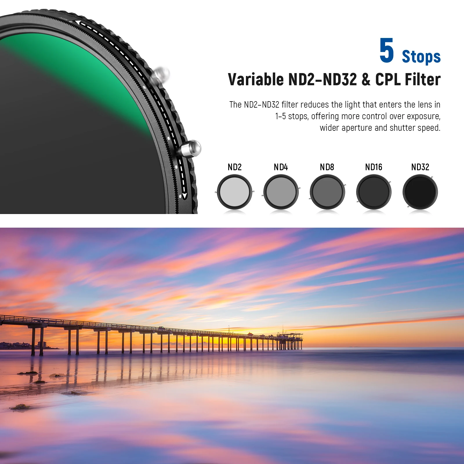 NEEWER 2 in 1 Variable ND Filter ND2–ND32&CPL Filter Circular Polarizer Filter No X Cross/30 Layer Nano Coated/HD Optical Glass