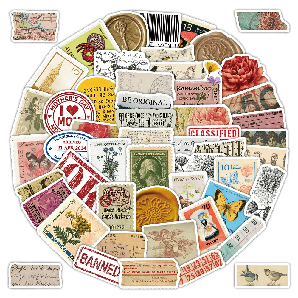 62pcs Creative Retro Vintage Stamps Graffiti Stickers Waterproof Diy Decals For Laptop Phone Ipad Notebook Luggage Thermos Decor