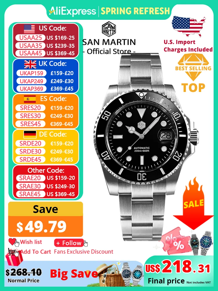 San Martin Upgraded Version 40mm Water Ghost Diver Watch Men Luxury Automatic Mechanical Watches Sapphire Waterproof 200m SN0017