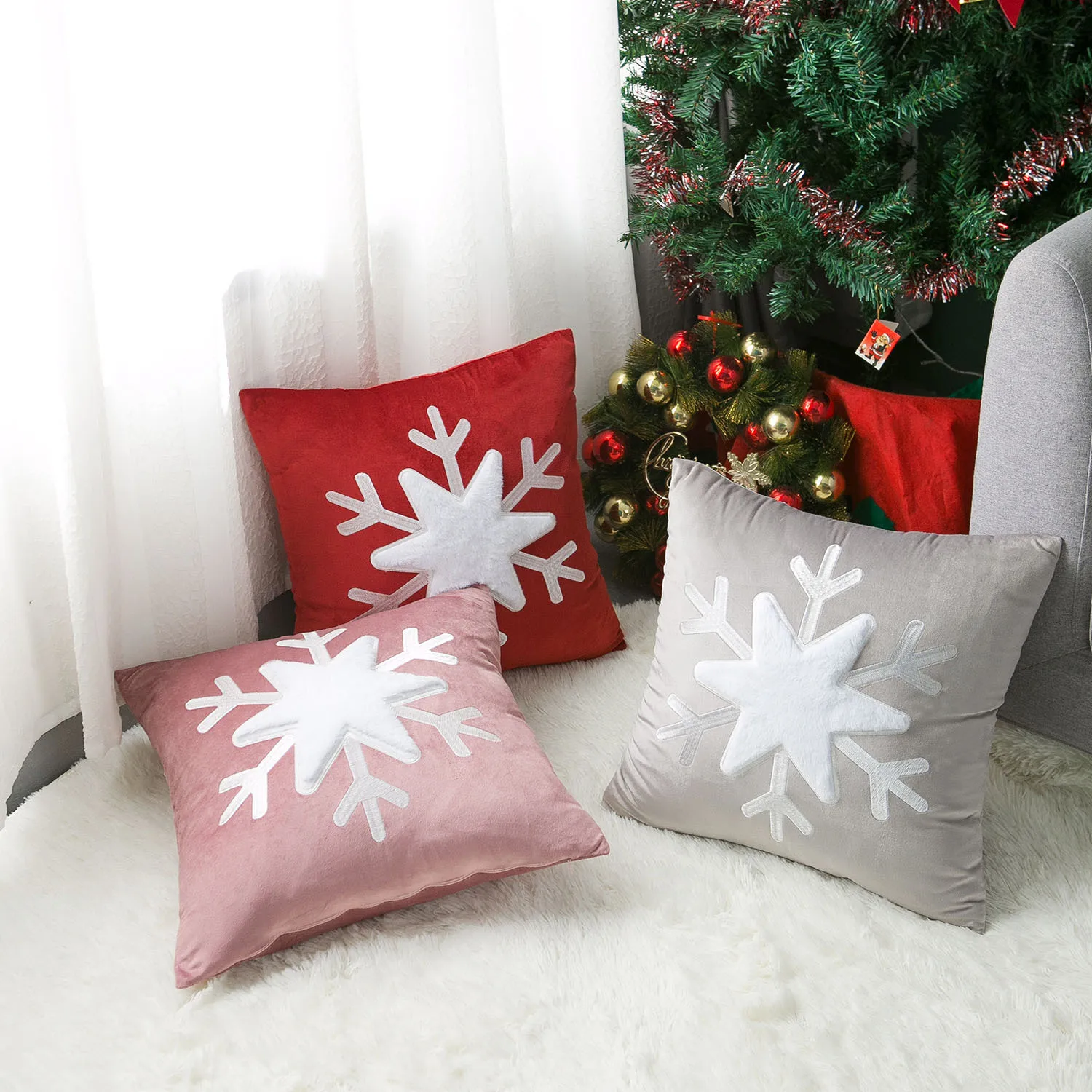 Christmas Velvet 3D Snowflake Cushion Cover Plush Embroidery Throw Pillow Case Decorative Pillowcase for Sofa Christmas Home