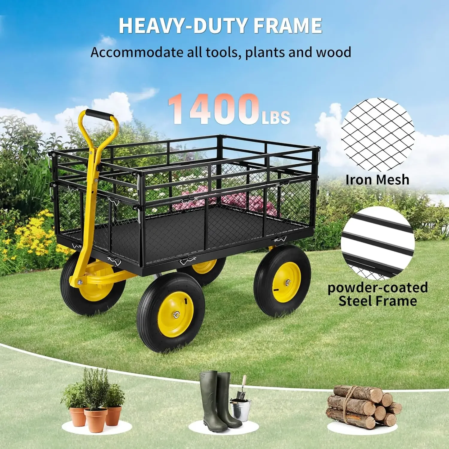 Steel Garden Cart, 1400 lbs Capacity, with Removable Mesh Sides to Convert into Flatbed, 2-in-1 Handle and 15 in Tires