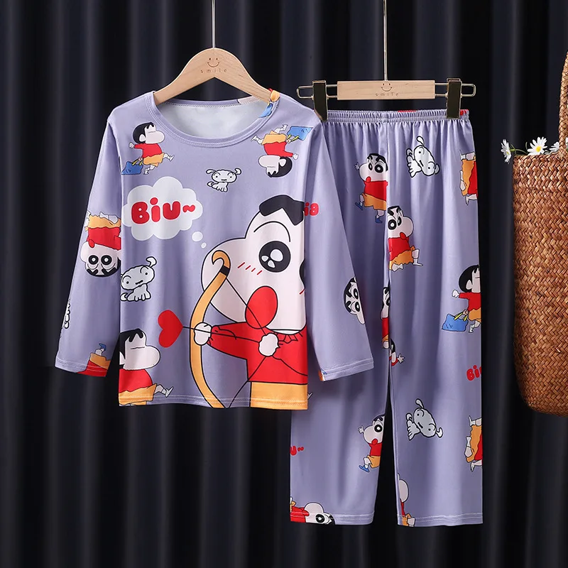 Anime 2Pcs Cartoon Crayon Shin-Chan Children Pajamas Long-Sleeved Pants Set Kawaii Girls Cute Casual Loose Sleepwear Clothes