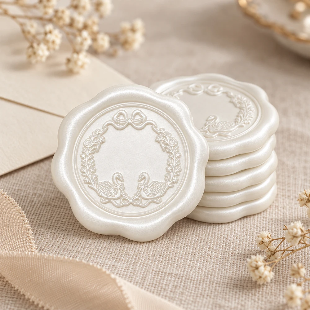 3.4cm Self-Adhesive Wax Seal Stickers Swan Wreath Pattern White Embossed Seals for Wedding Cards Envelope Packaging Decor