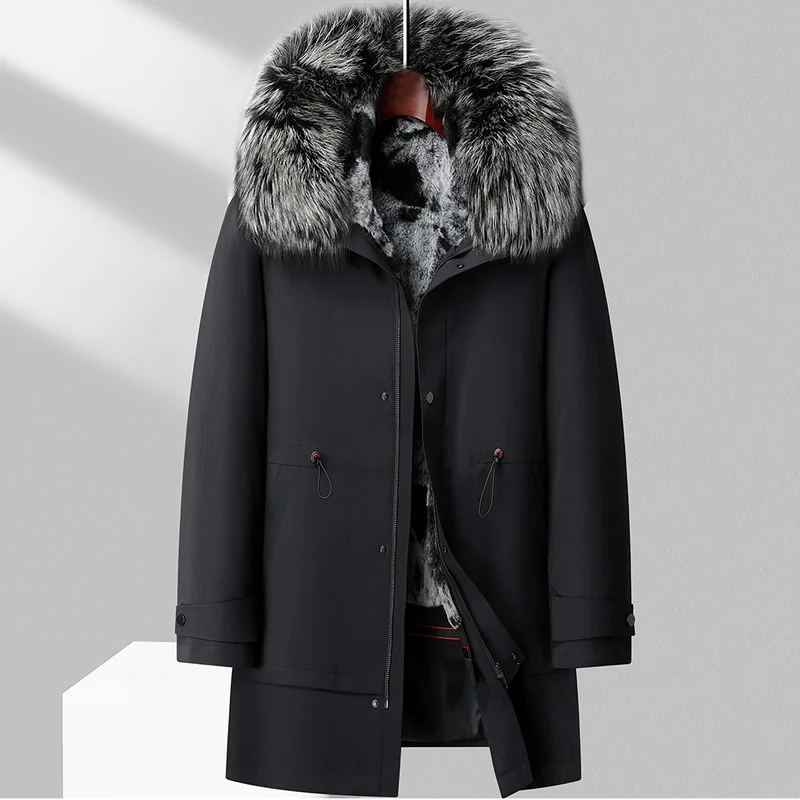 

2025 Winter New Men's Pie Overcoming Medium to Long Silver Fox Fur Collar Detachable Rabbit Fur Inner Tank Parker Coat