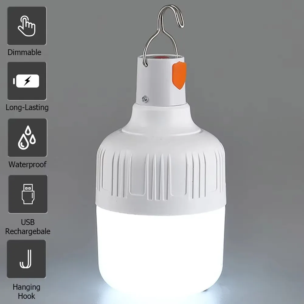 6500K White Light Rechargeable LED Light Bulb USB Rechargeable 80W Hanging LED Bulb Hanging Hook Touch Switch