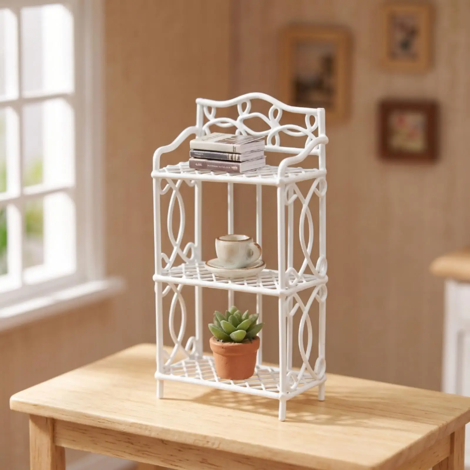 Miniature Shelf with Scrollwork 1:12 Scale Miniature Display Rack Three-Tier Dollhouse Storage Rack for Tabletop Photography