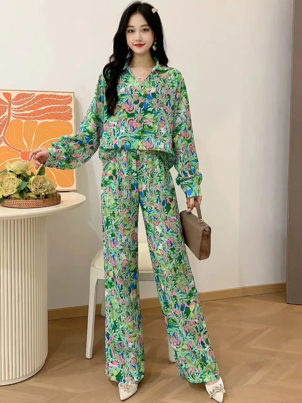 2024 New Spring Autumn Women Gorgeous Floral Pants Suit Long Sleeve Shirt And High Waist Wide Leg Long Pants Two Piece Set