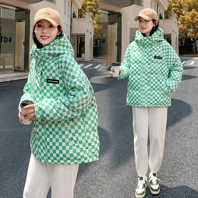 oversize bread coat plaid reversible down cotton coat women\'s 2023 new autumn and winter coat thick plaid cotton jacket