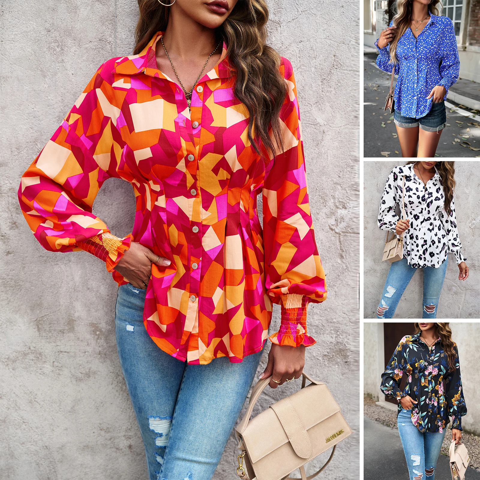 

2023 Autumn Winter New Women's Floral Printed Shirts Fashion Casual Long Sleeve Single Breasted Turn Down Collar Waisted Blouses