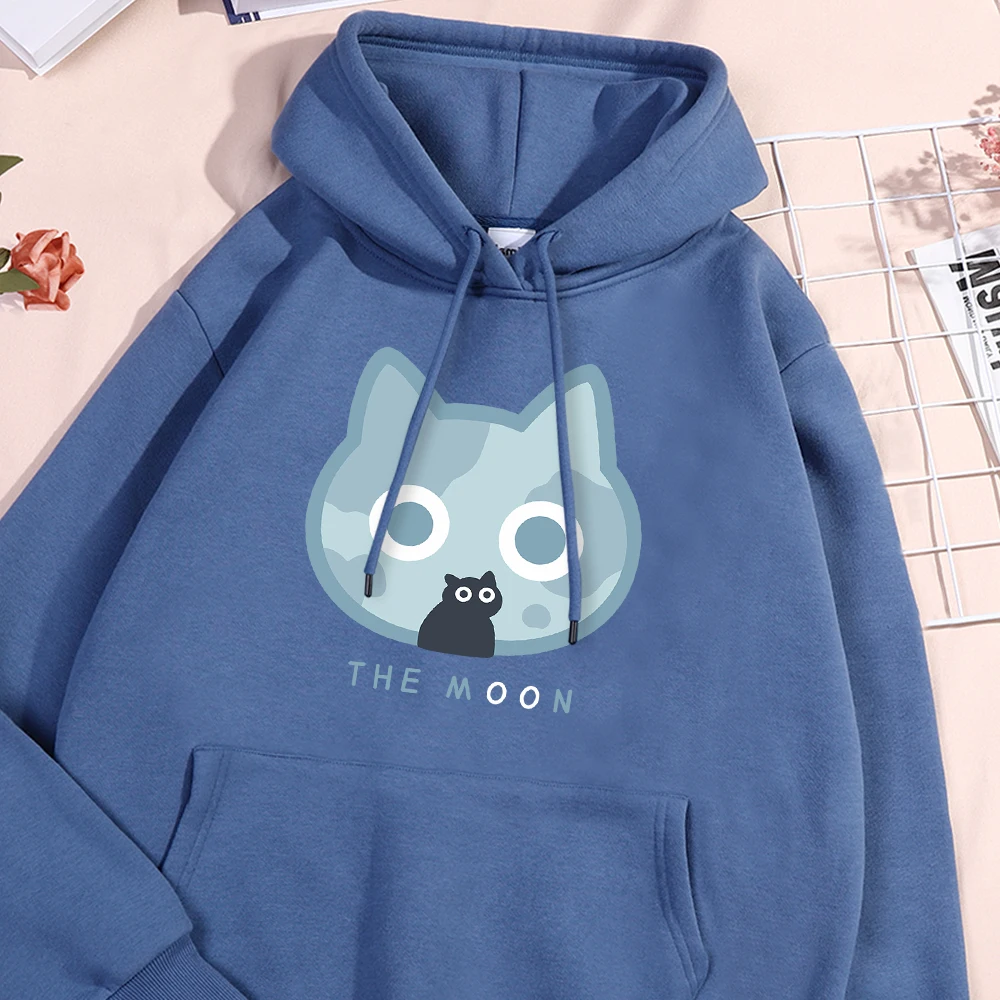 The Moon Blue Cat Fun Print Hoody Men Women Harajuku Style Hoodie Loose Warm Sweatshirt Fashion Fleece Pullover Clothing Couple