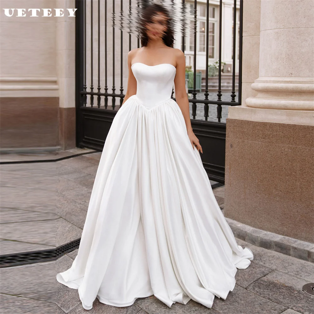 UETEEY Customized Simple Sweetheart Strapless Crepe Wedding Dress A Line Zipper Back Floor Length Court Train Bridal Gown