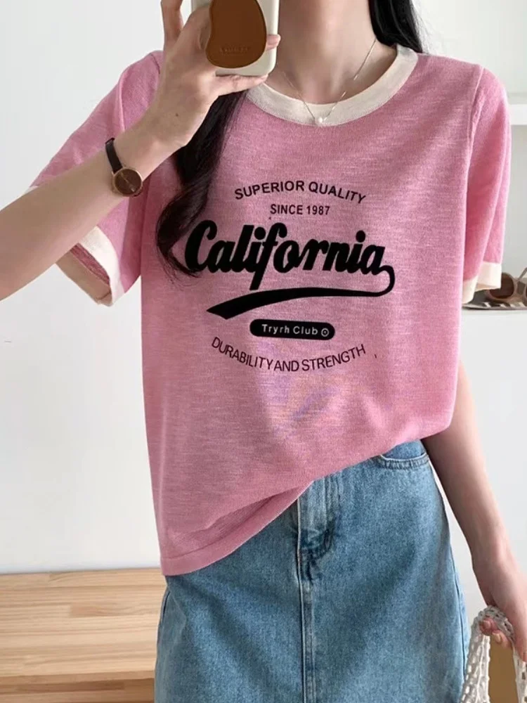 

Женская летняя модная тонкая футболка из ледяного шелка с коротким рукавом, с буквенным принтом, в корейском стиле, свободного кроя, с круглым вырезом