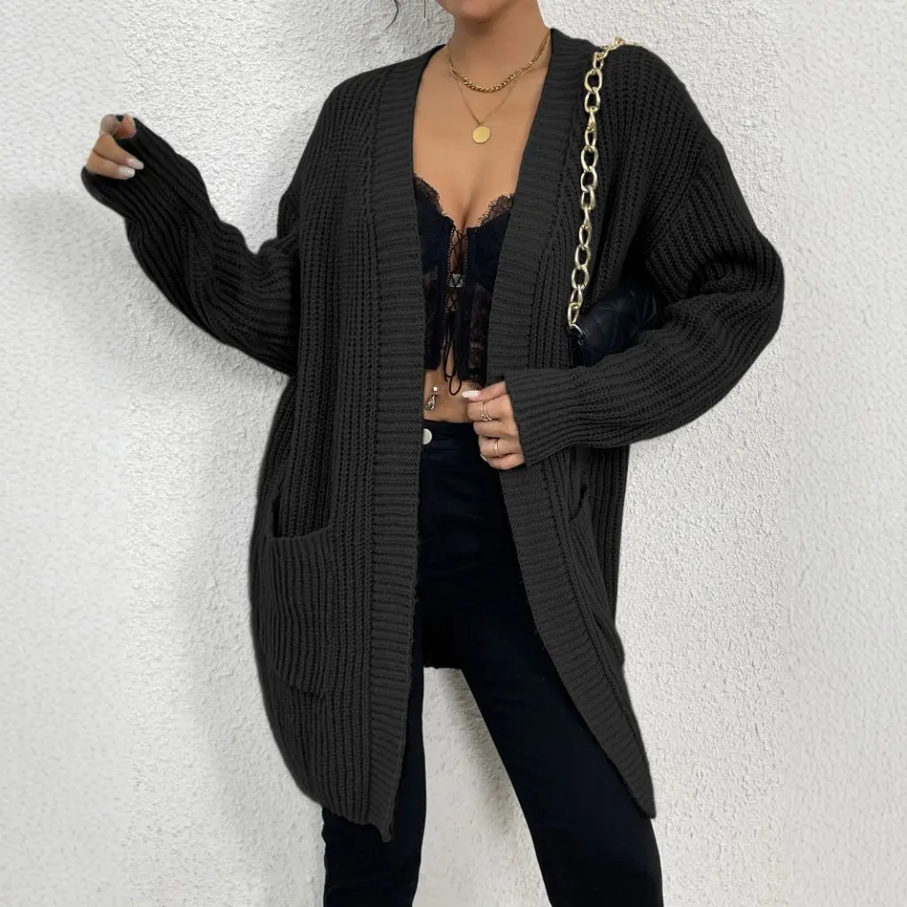 

Women's Long Sleeve Cardigan Coat with Pocket Fashion Simple Sweater for European And American Markets