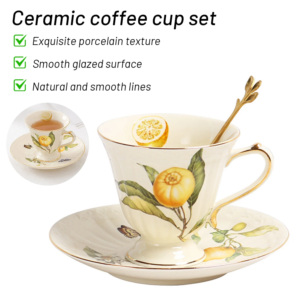 

European Ceramic Lemon Pattern Mug with Nordic Dinner Steak Plate Bowl Saucers Cups Fruit Food Tableware Party Drinkware