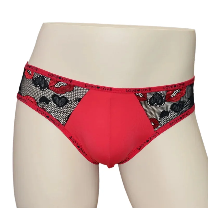 Men's Sexy Brief Jacquard Lace Thin Sheer Quick Dry Elastic Underwear Sissy Mid-rise U Convex Pouch Bikini Porn Sheer Underpants
