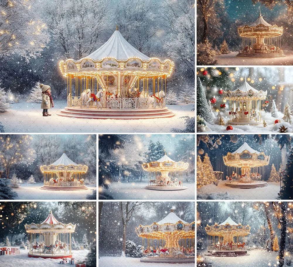 

Mehofond Photography Background Merry Christmas Winter Carousel Snowy Xmas Tree Kdis Family Portrait Decor Backdrop Photo Studio