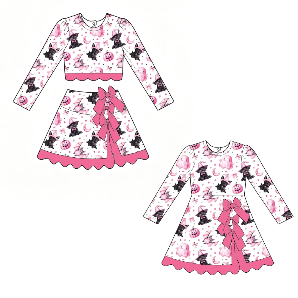 Boutique Halloween Girls Set Long-Sleeved Top Paired Skirt Bow and Button Decorate Pumpkin and Cat Print Matching Dress.